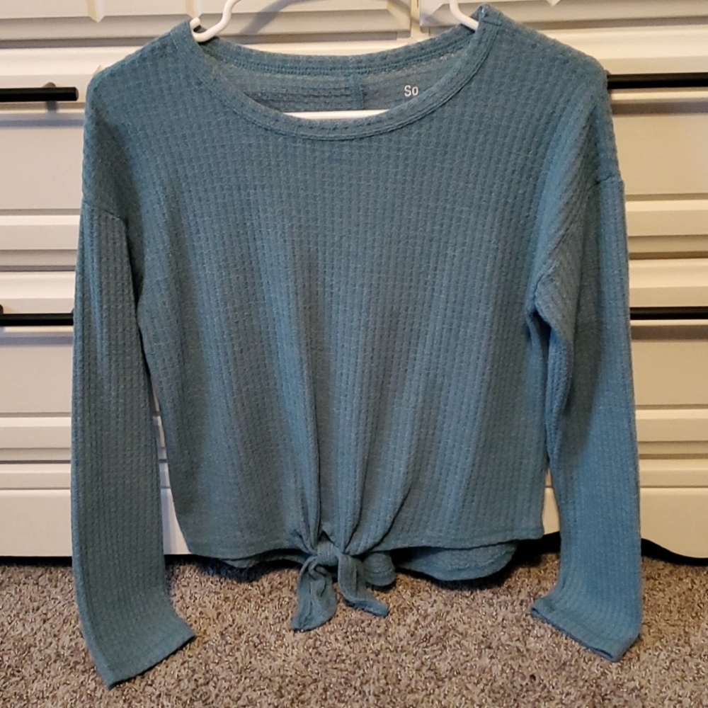SO knotted girl's top in dusty teal color. Size large 10/12.